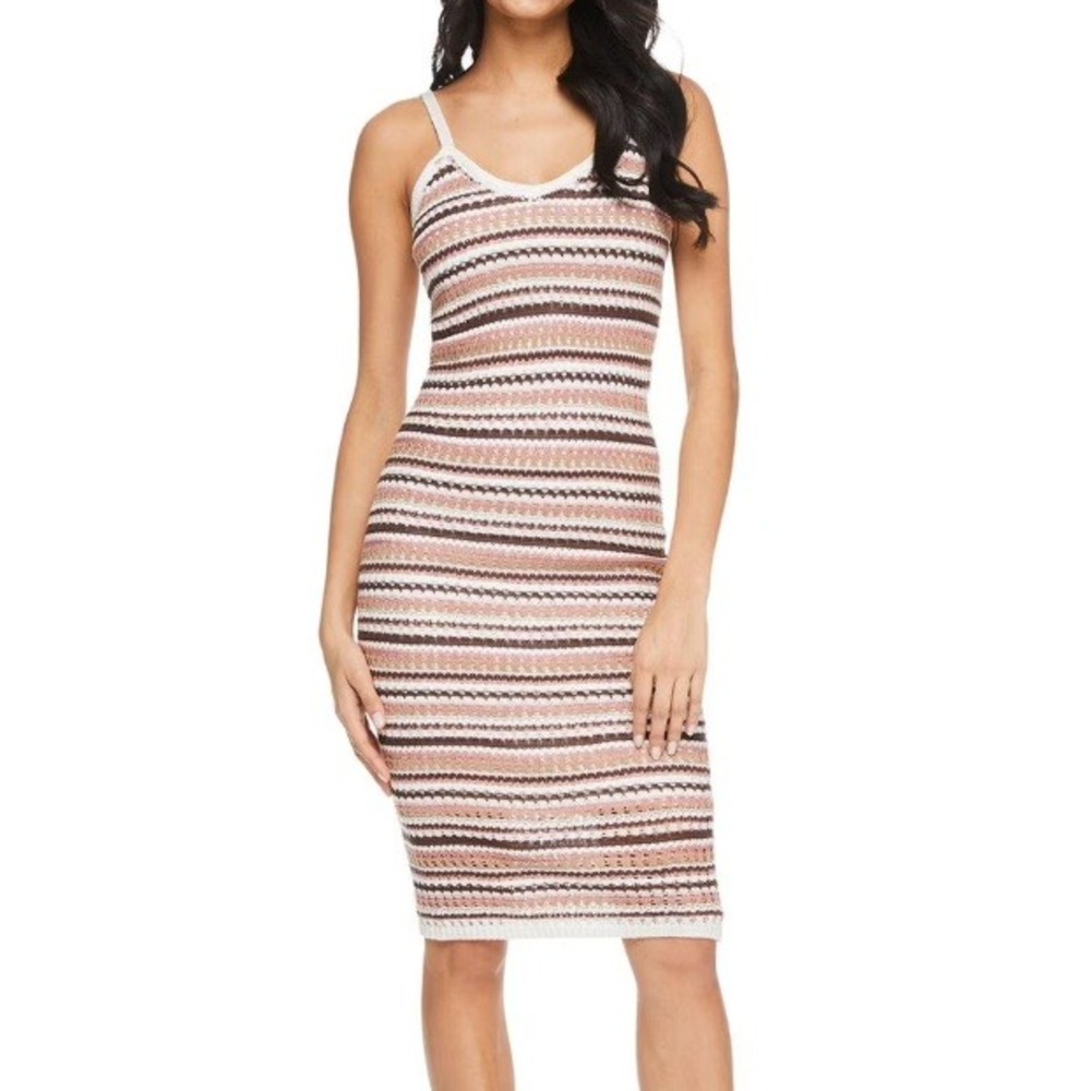 Olive + Oak Womens Striped Crochet Knit Midi Dress Brown Pink White Size S